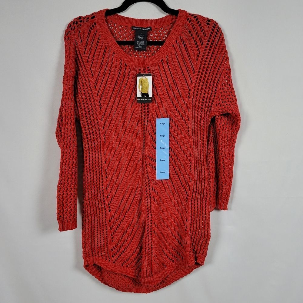 Chelsea & Theodore open knit scoop neck tunic sweater red size S 3/4